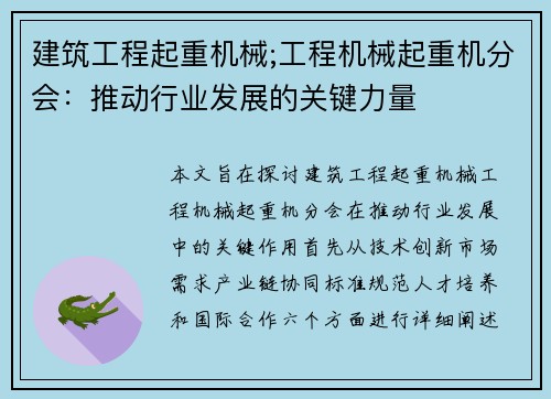 建筑工程起重机械;工程机械起重机分会：推动行业发展的关键力量